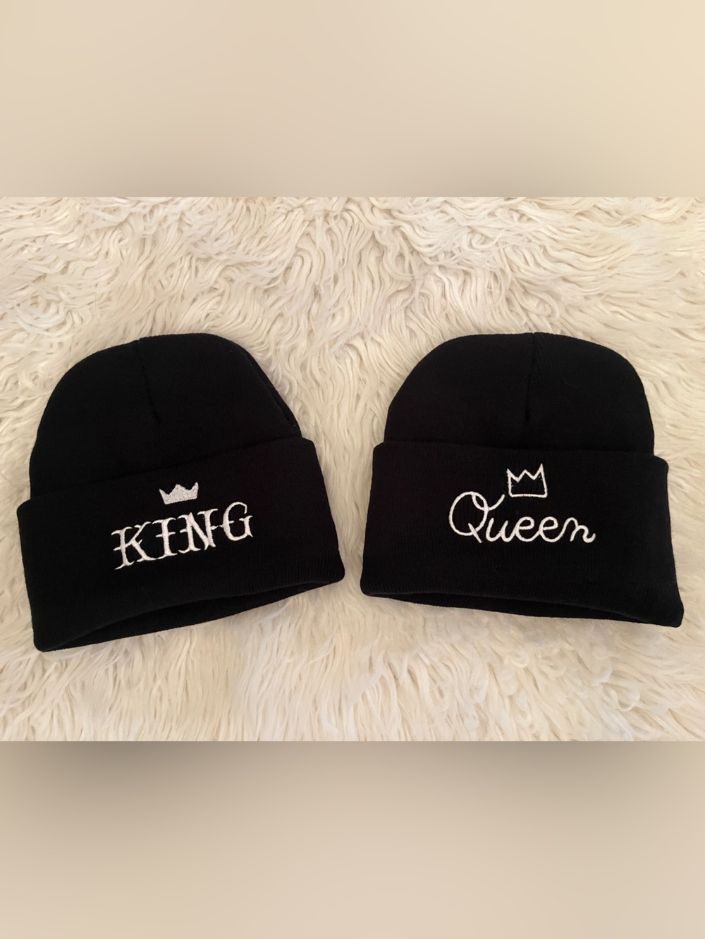 Black 'King' and 'Queen' Pair Beanies with White Embroidery